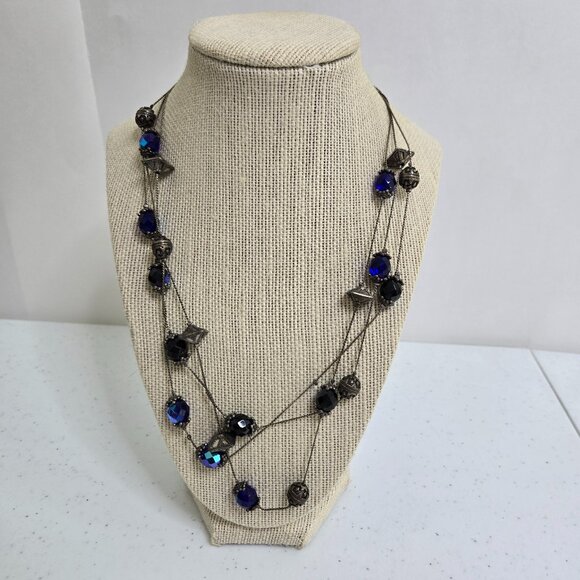 Chicos Illusion Necklace Blue Silver Tone Multi Strand Faceted Vintage Chain - Picture 1 of 9